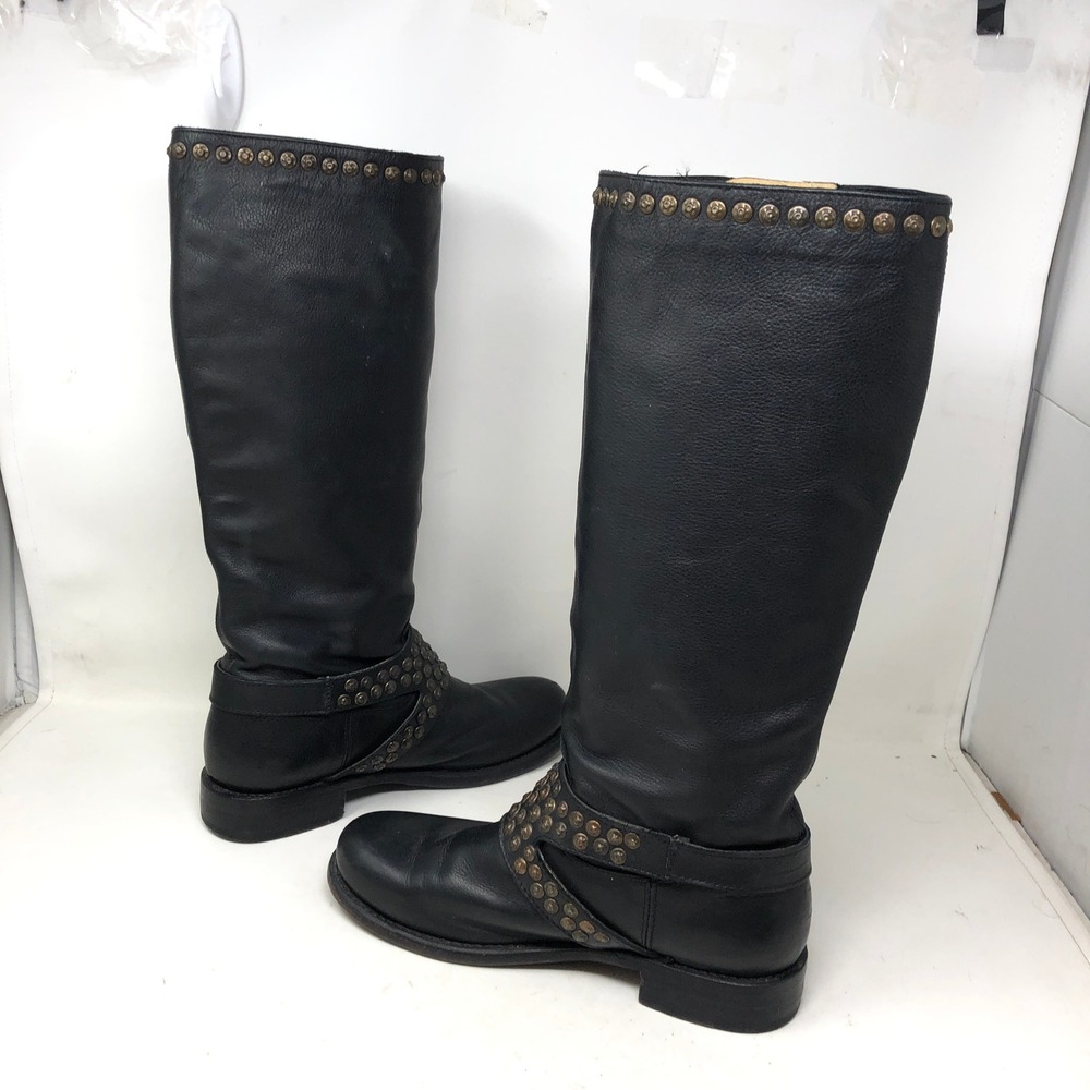 Frye Womens 10 Jenna Studded Harness Tall Boots Black Leather Buckle Moto - Picture 7 of 11